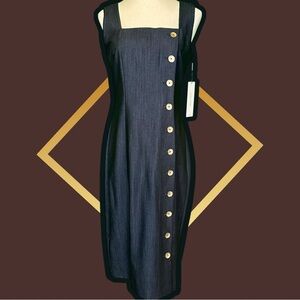 NWT Calvin Klein Navy Blue Chambray Asymmetric Gold Button Up Sheath Dress Sz 4